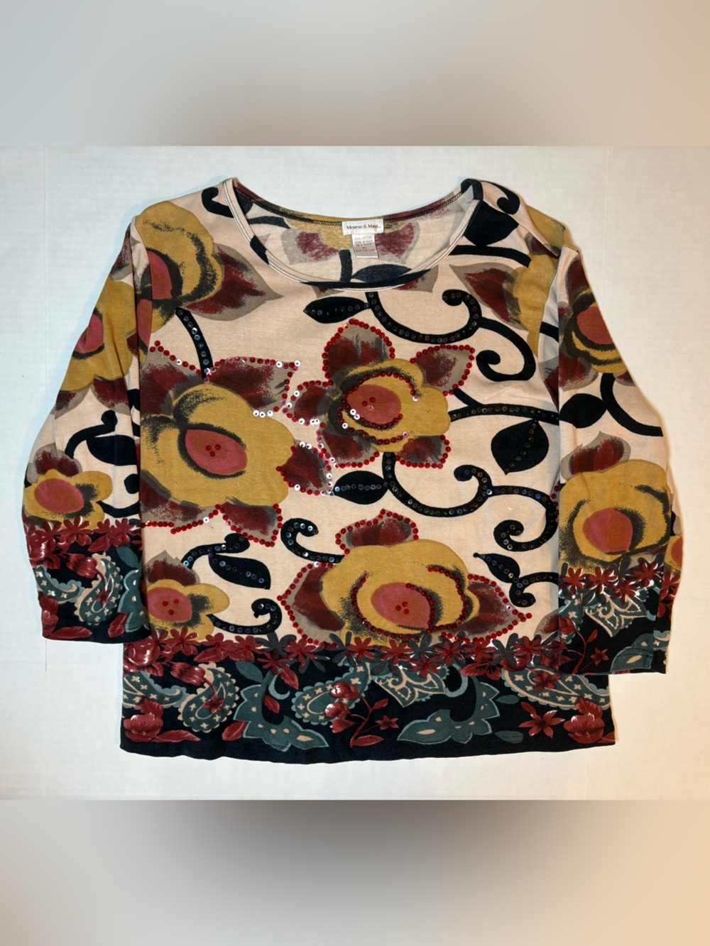 Monroe & Main floral boho sequine accent 3/4 sleeve blouse 100% cotton size XL